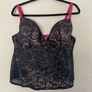 Adore Me Black Lace Corset Women’s 42DD Padded Underwire Pink Bow Straps Vixen